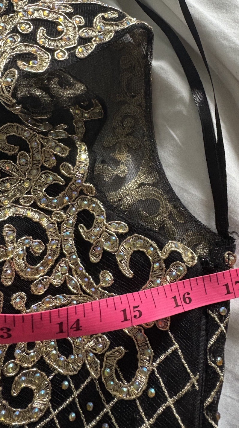 Formal Dancing Queen Gilded Illusion Halter Black/Gold Dress Sz Large