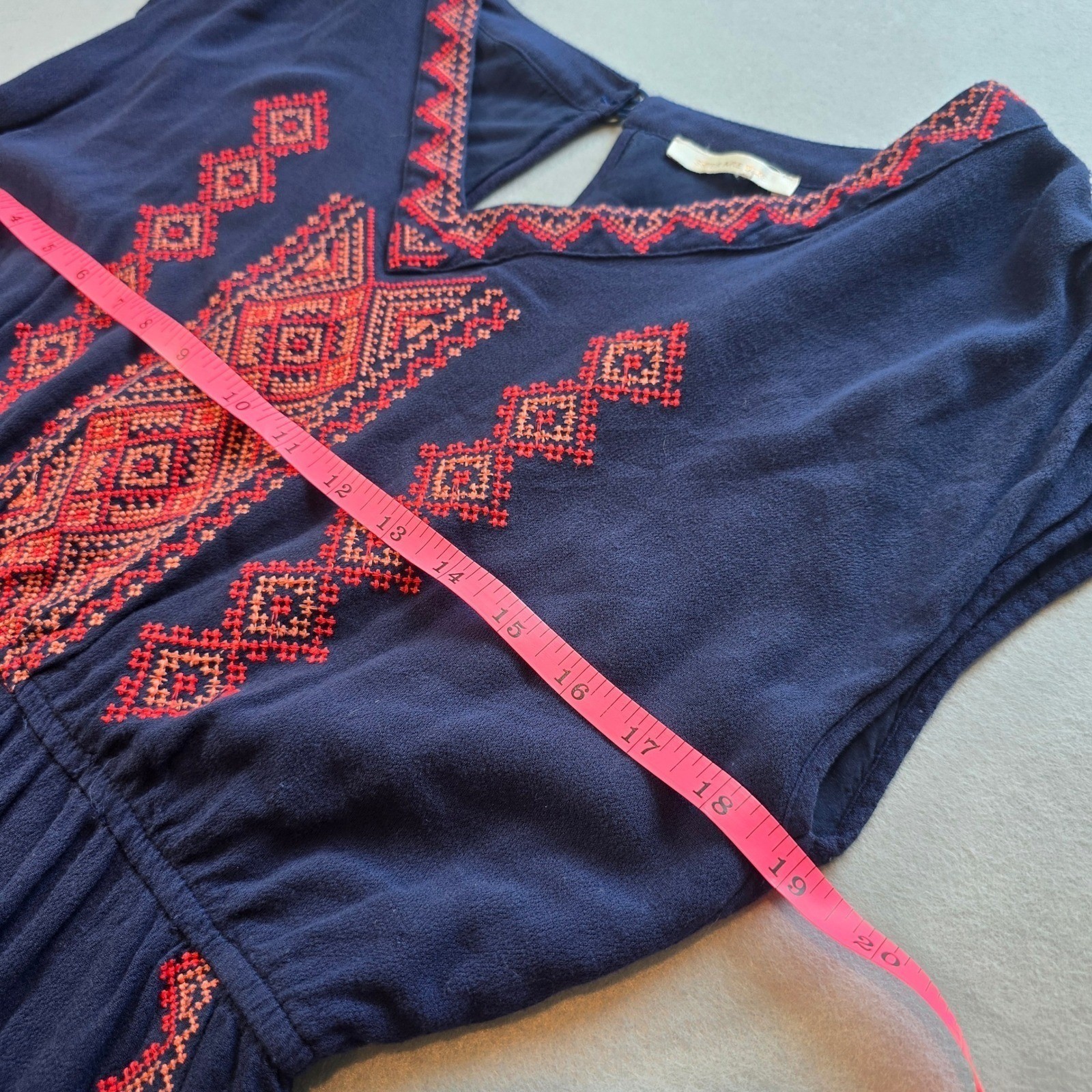 Skies Are Blue Navy Blue Embroidered Boho V-Neck Mini Dress Pockets 93489 Sz Med