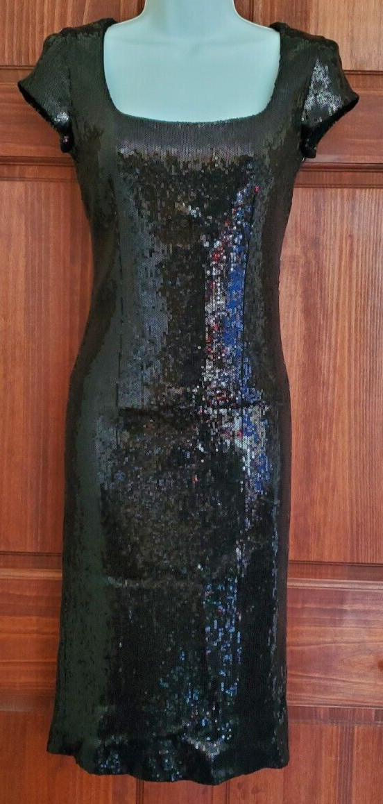 SHAPE FX SPIEGEL Built In Shapewear Black Sequined Party Sheath Dress Sz 2 NWOT