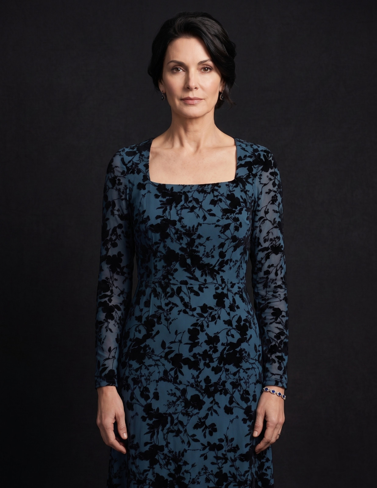 Ember Flocked Floral Square-Neck Midi Dress Color Midnight Blue Size Large