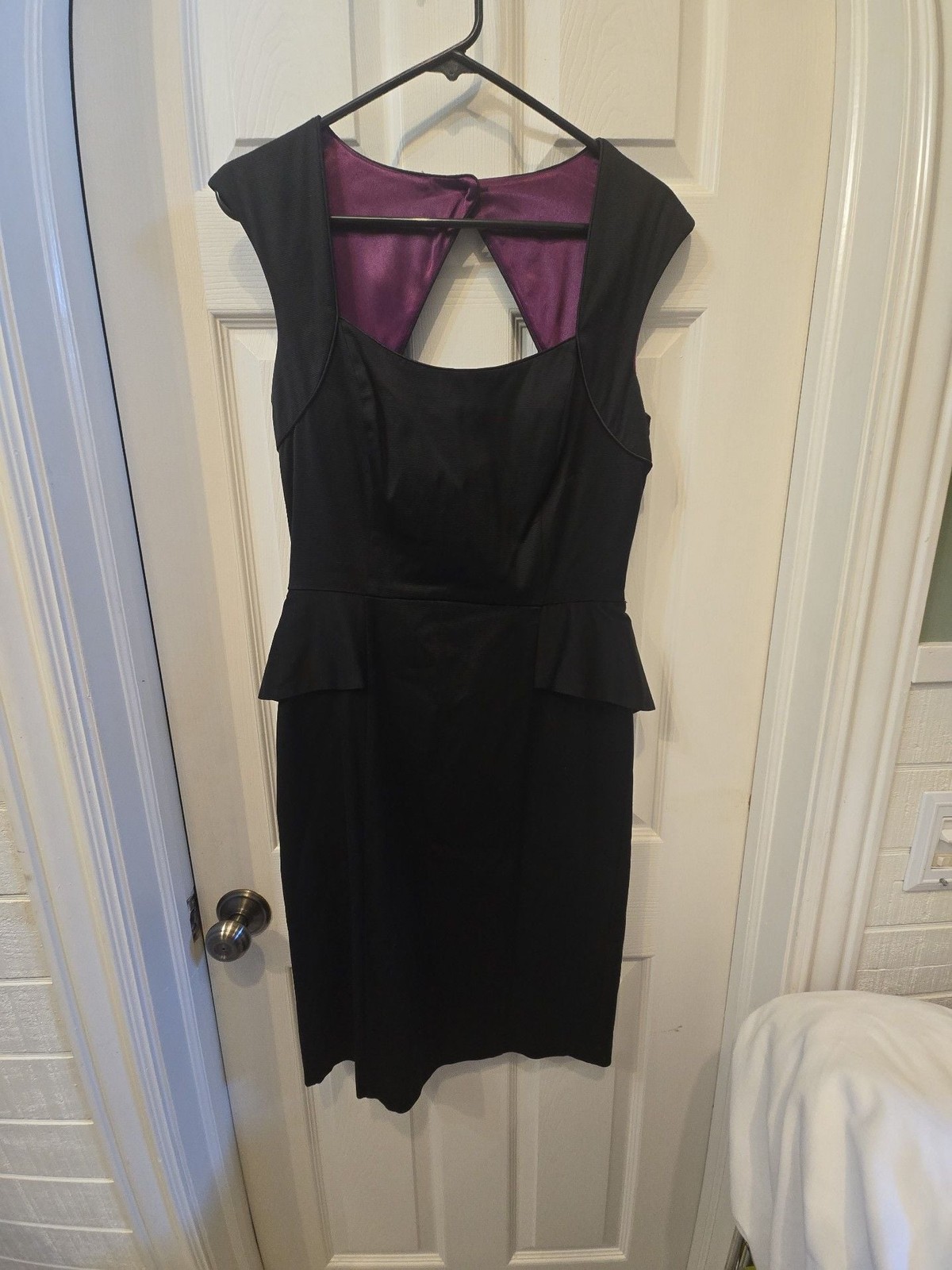 White House Black Market Black Sleeveless Peplum Sheath Dress with Purple Lining