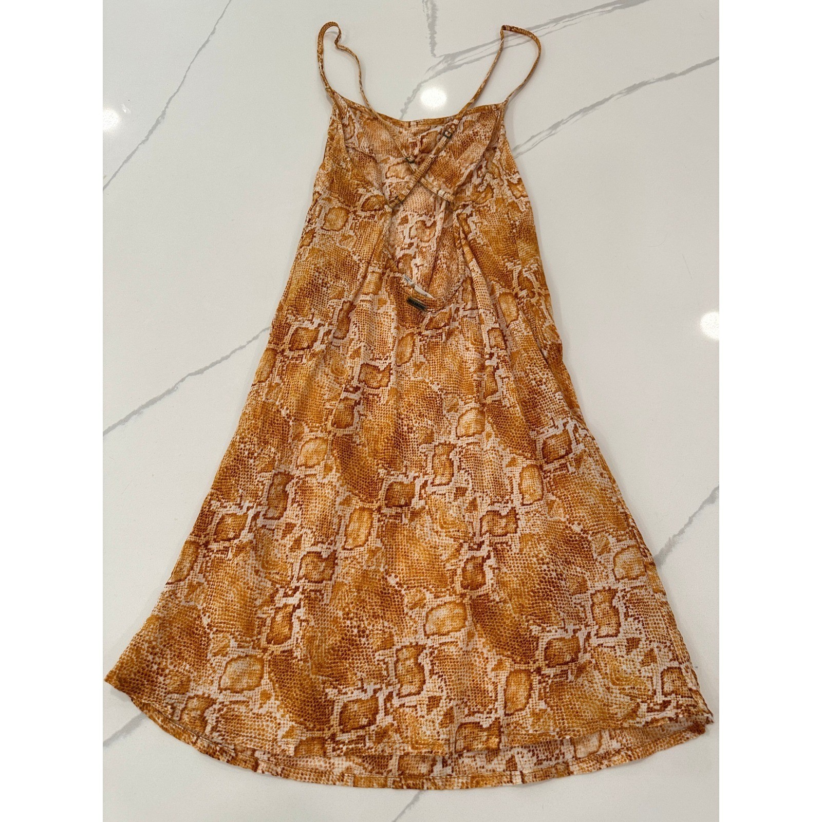 Billabong Snakeskin Print Mini Dress Criss Cross Back Small Yellow Boho Chic