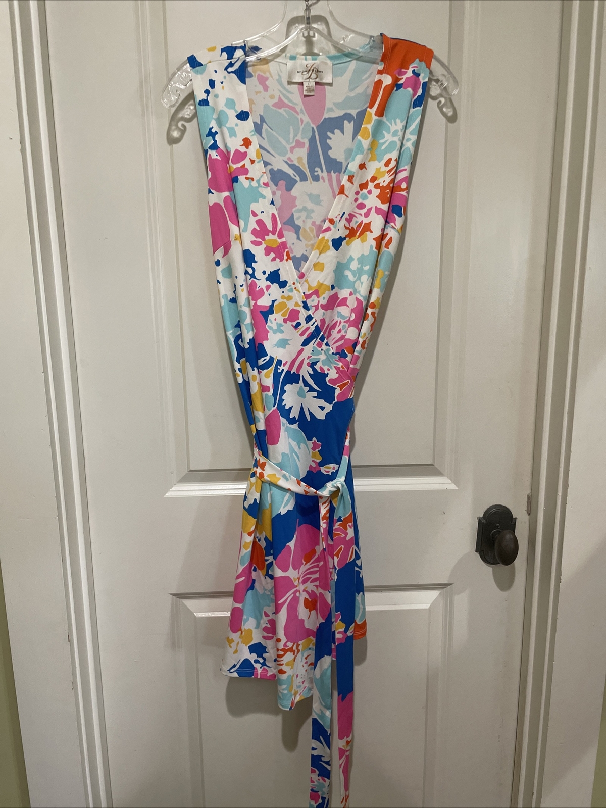 JB by Julie Brown White Pink Blue Floral Stretch Wrap Coastal Summer Dress Large