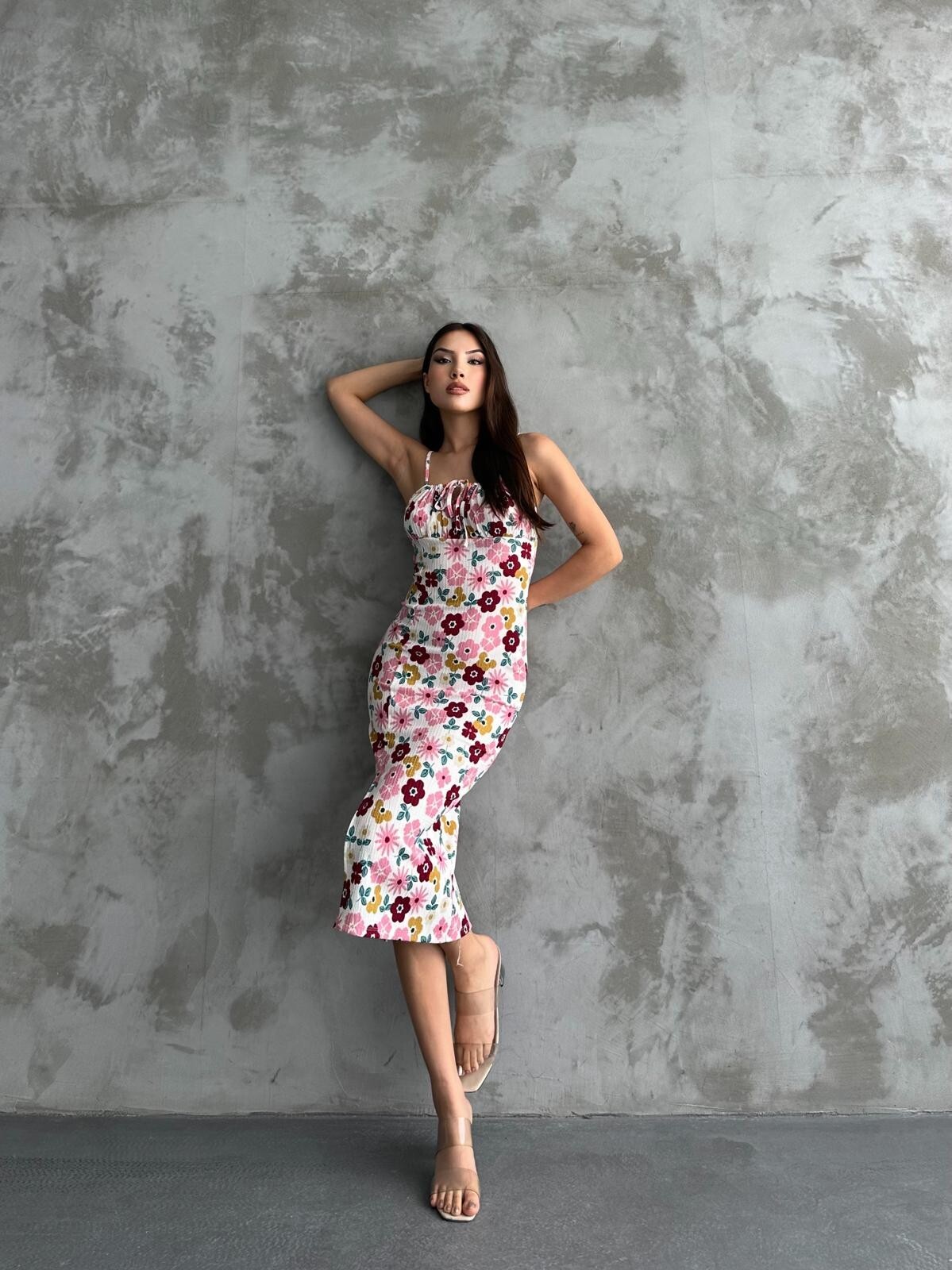 Mixed Patterned Pink Wafer Chest Tie Strap Dress