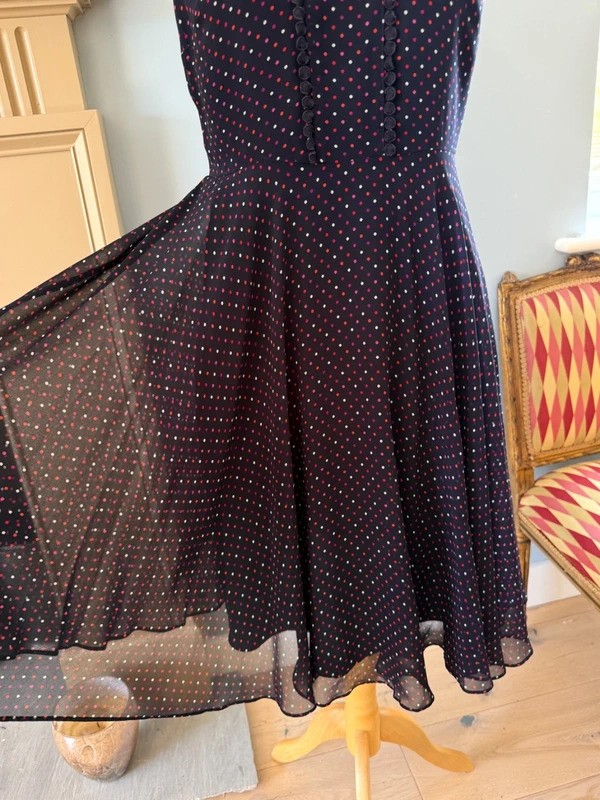 HOBBS Navy Polka Dot Floaty Dress UK12 red pink white spots Cocktail Wedding