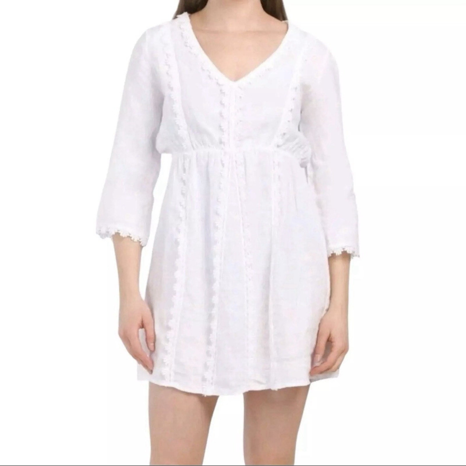 Valentina Naldi sz L White 100% Linen Crochet Trim V-Neck Mini Dress Italy Made