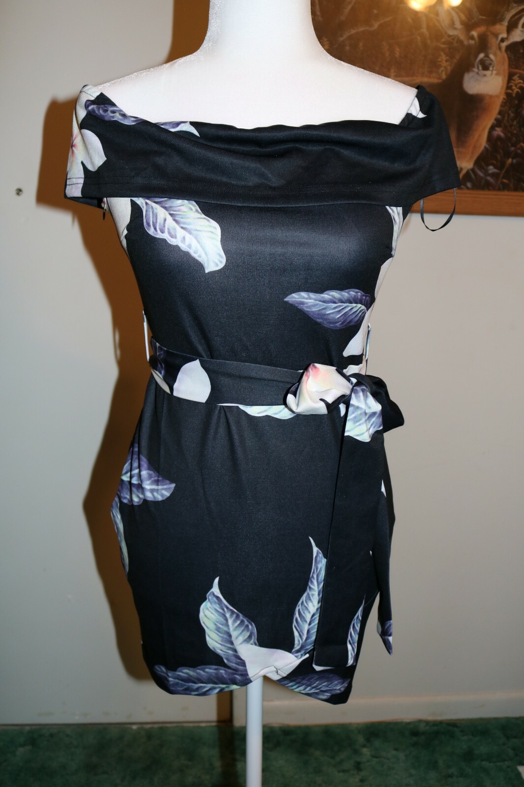 YOINS Black Random Floral Print Off The Shoulder Overlay Bodycon Dress Small 