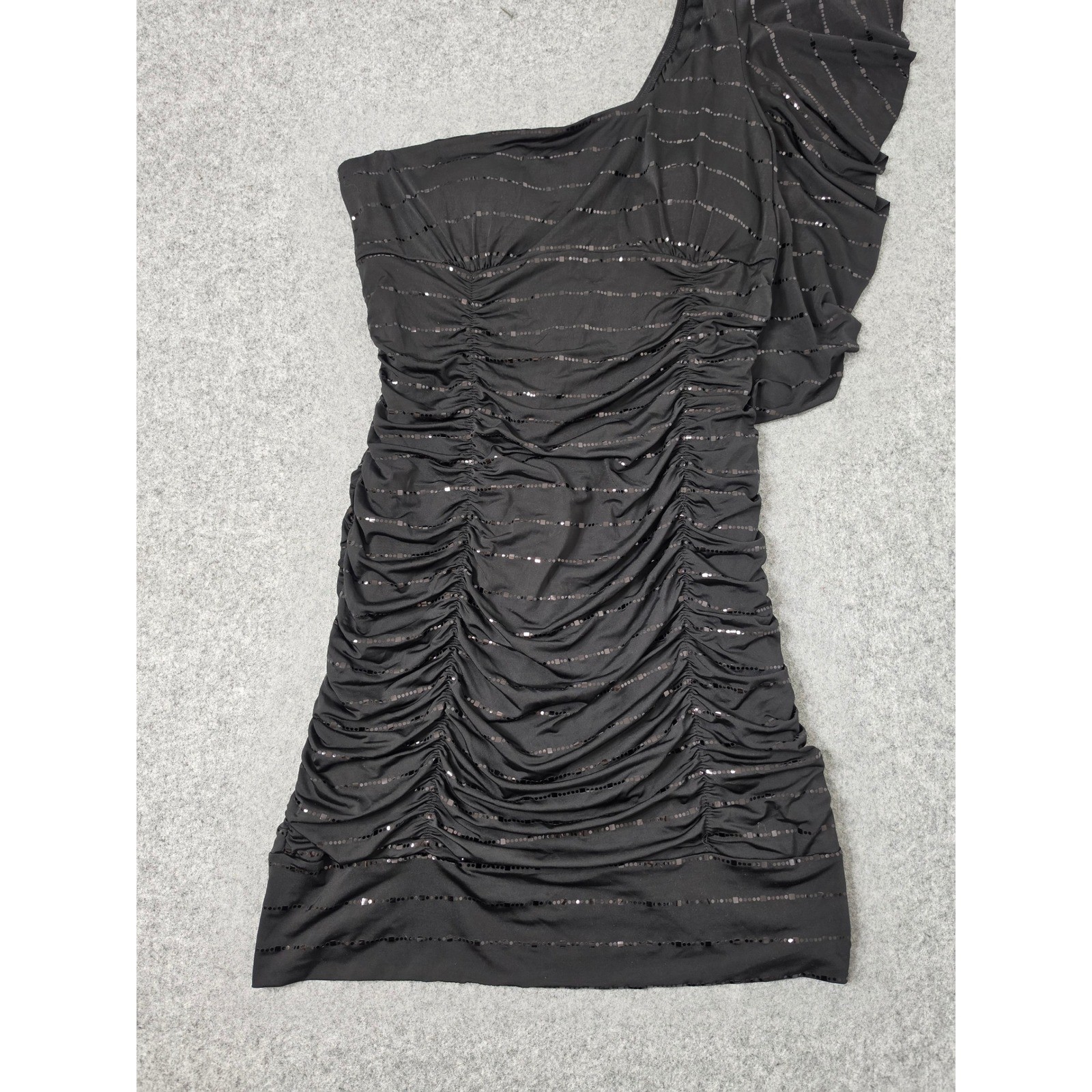 VTG Taboo One Shoulder Ruched Sequin Stripe Mini Dress Women XL Black Lined 90s