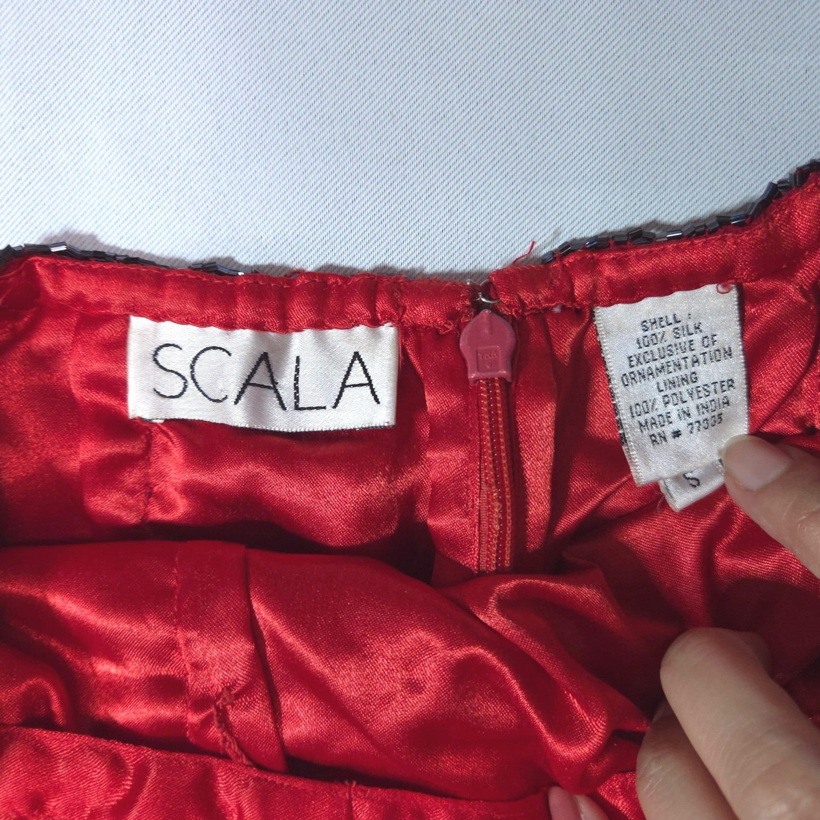 Vtg Scala Beaded Silk Halter Open Back Evening Gown Dress S Red Cocktail Y2K