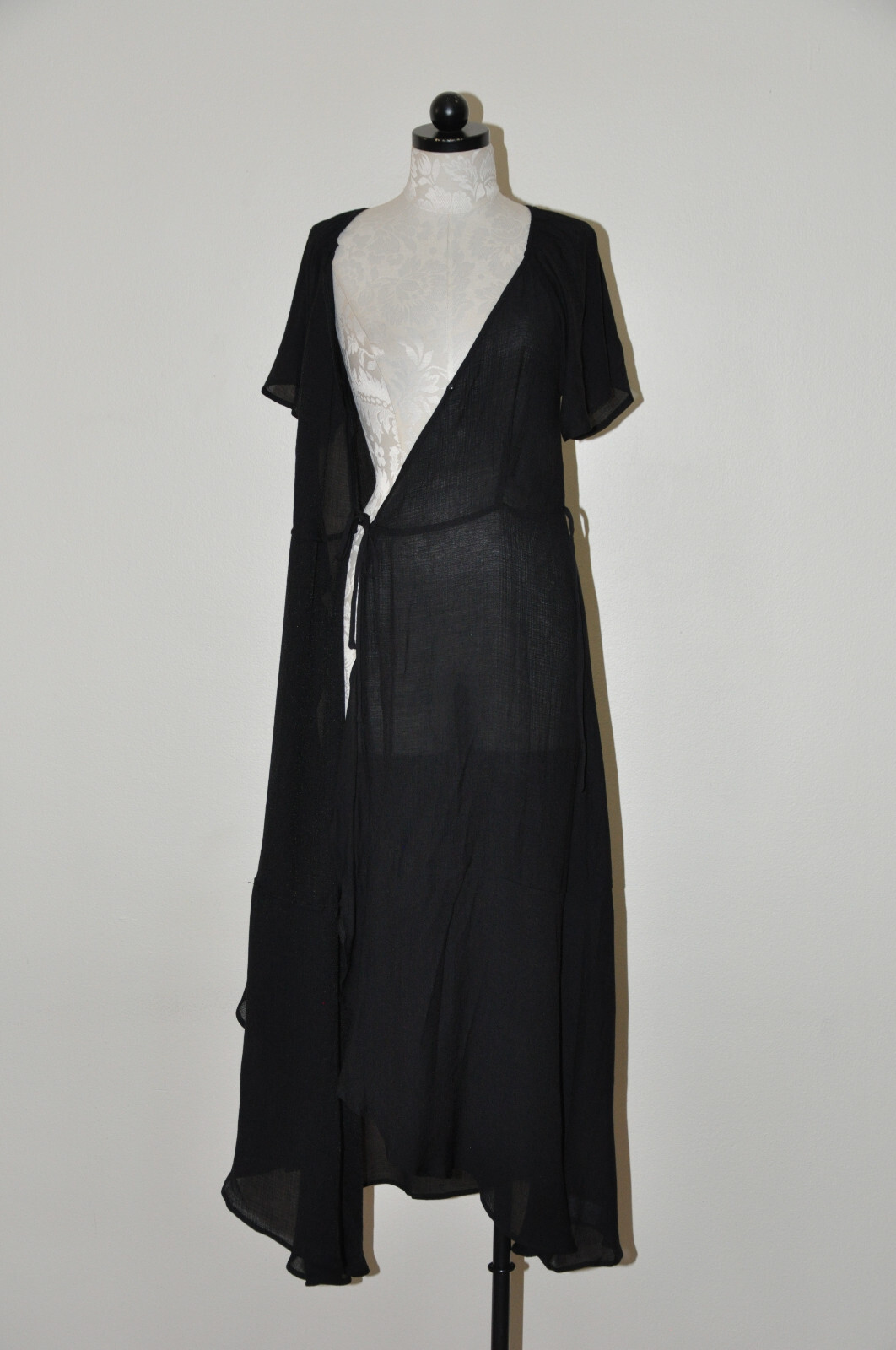 Lush Black Cotton Gauze Sheer Plunging Neckline Long Maxi Wrap Dress LBD Women M