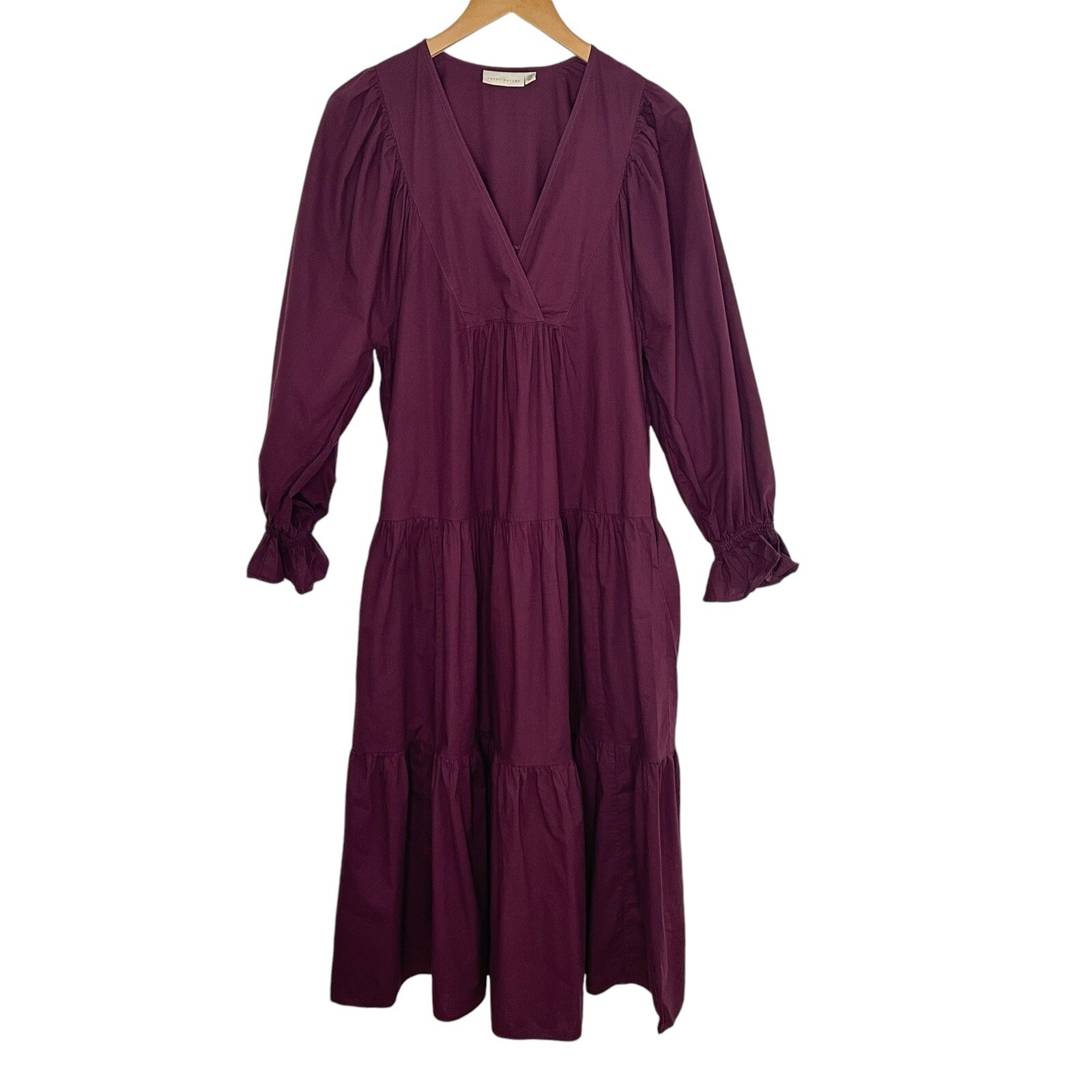 Happy x Nature Womens Long Sleeve Tiered V Neck Maxi Dress XS Maroon Cotton