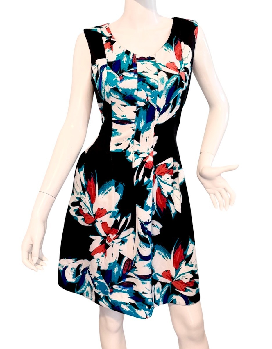 {ELLEN TRACY} Dress Sz. 4-P Fit & Flare Black Multi Floral Pleated Pockets Lined