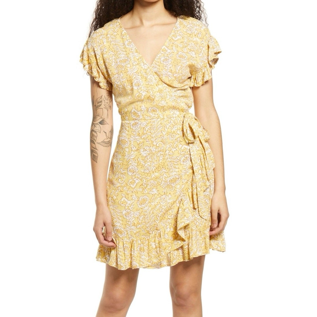 Billabong Wrap & Roll Floral Garden Yellow Ruffle Wrap Tie Boho Mini Dress Small