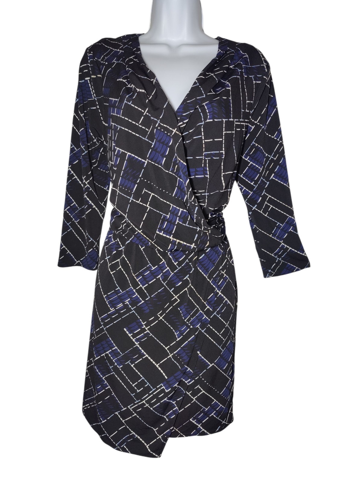 WHBM Black Blue Geometric V-Neck Faux Wrap Blouson Stretch Mini Dress M