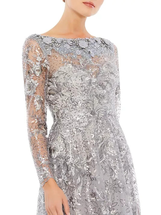 Mac Duggal Sterling Silver Sequin Floral Embroidered Illusion Gown 18 $498