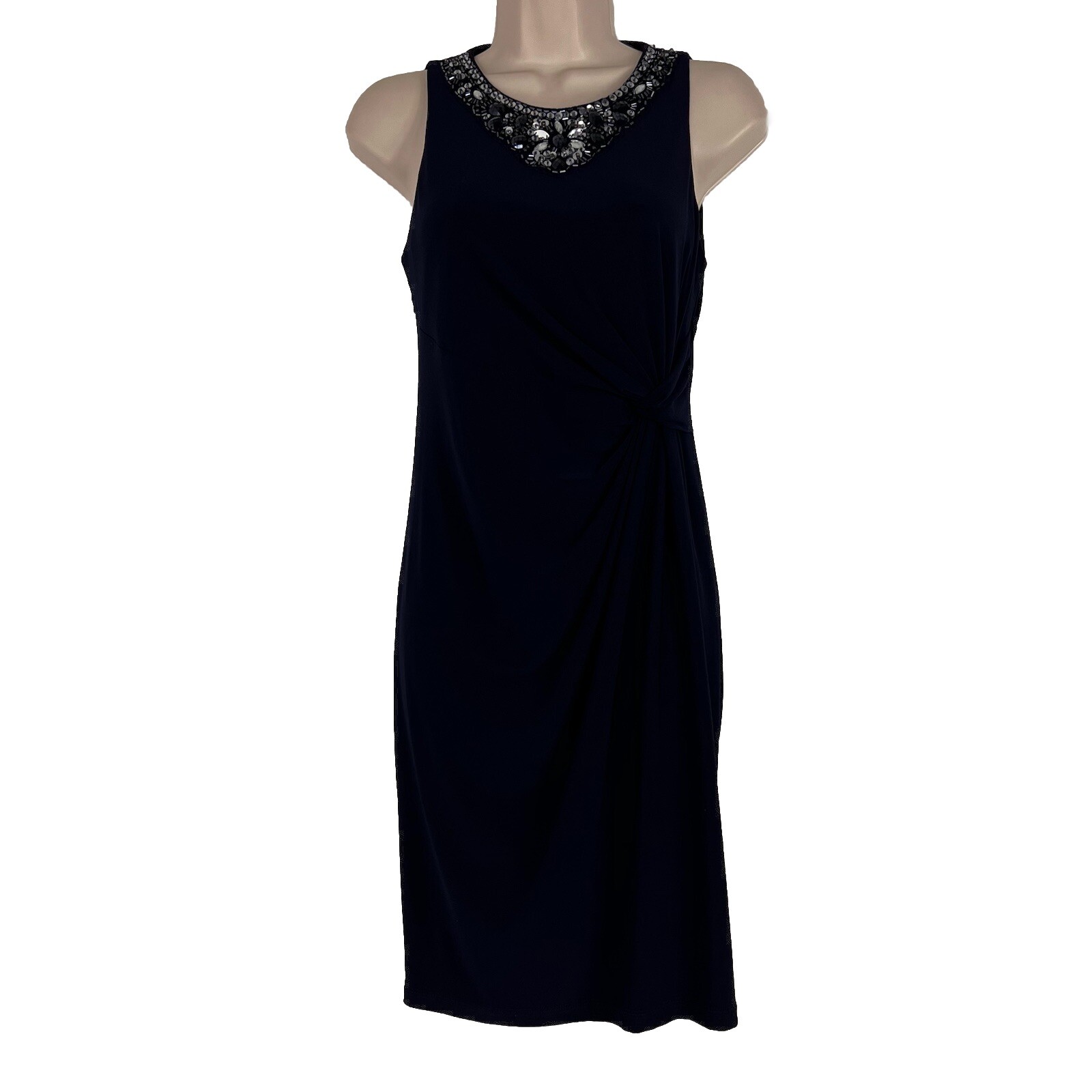 DJ-Jaz Dress Women’s Size 4 Sleeveless Sheath Ruched Beaded Navy Blue Stretch