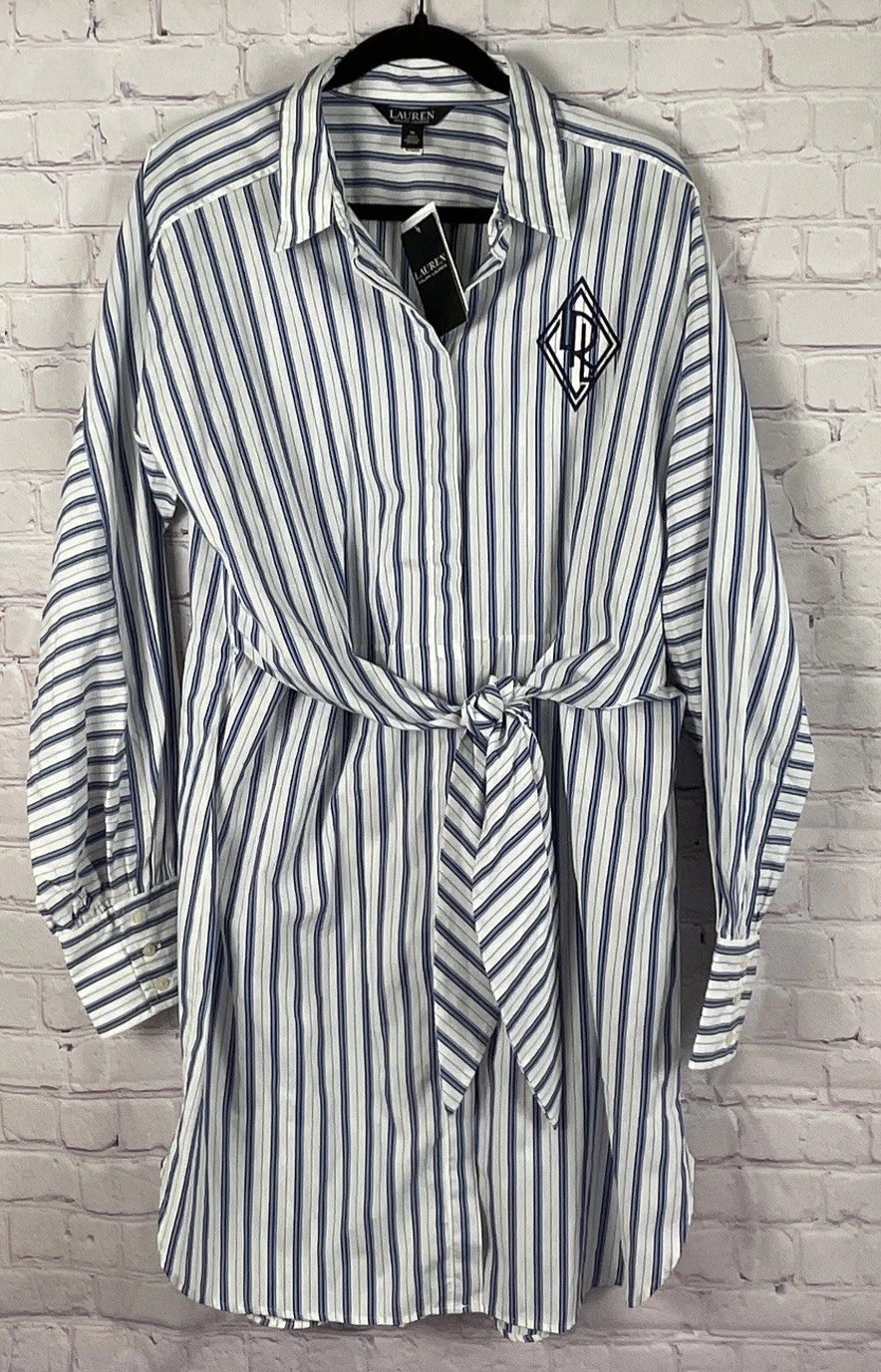 NWT Lauren Ralph Lauren Striped Cotton Shirt Dress Blue White LRL Monogram Sz 16