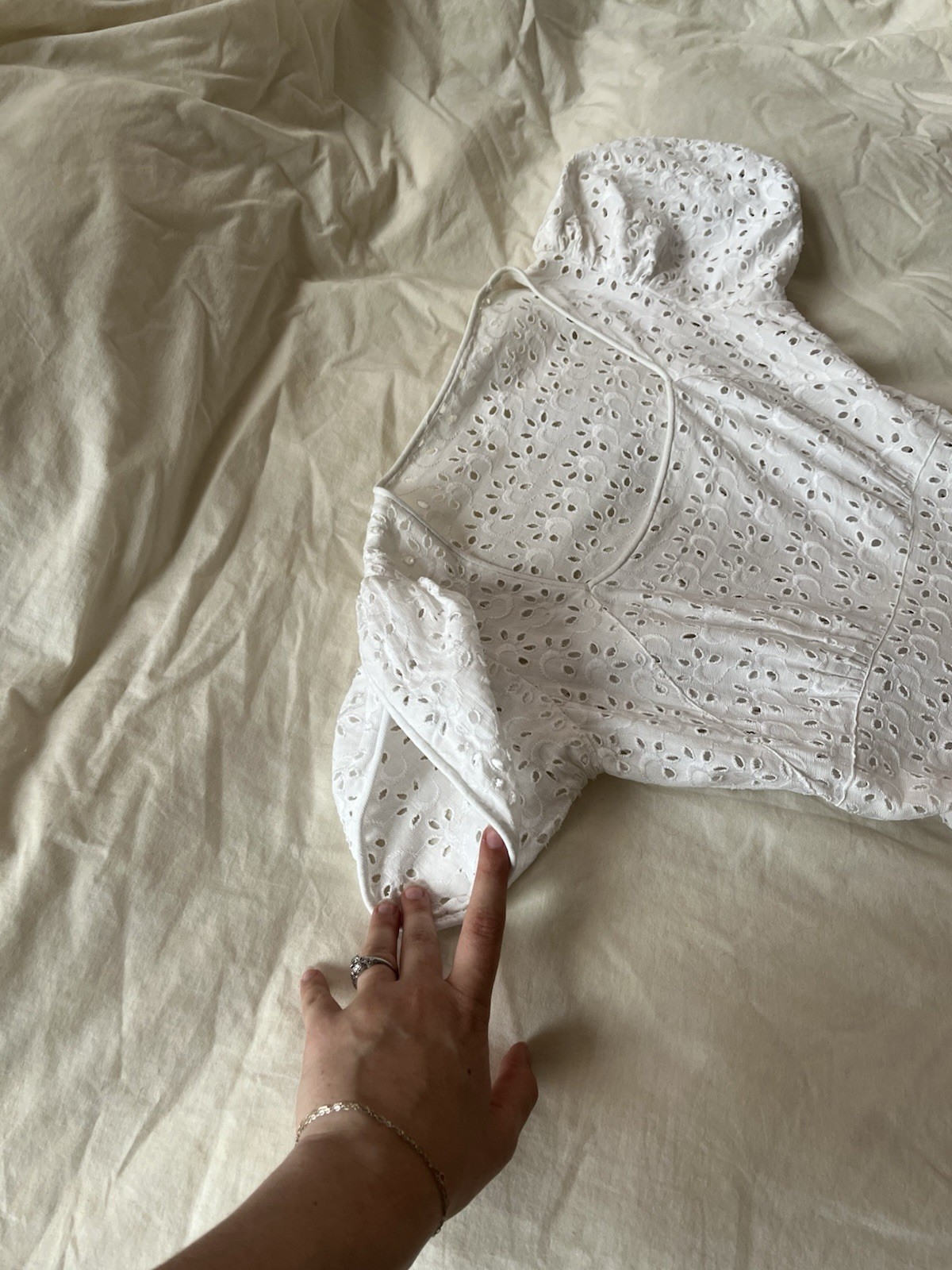 1950s true vintage white eyelet puff sleeve square neck lined midi dress XS