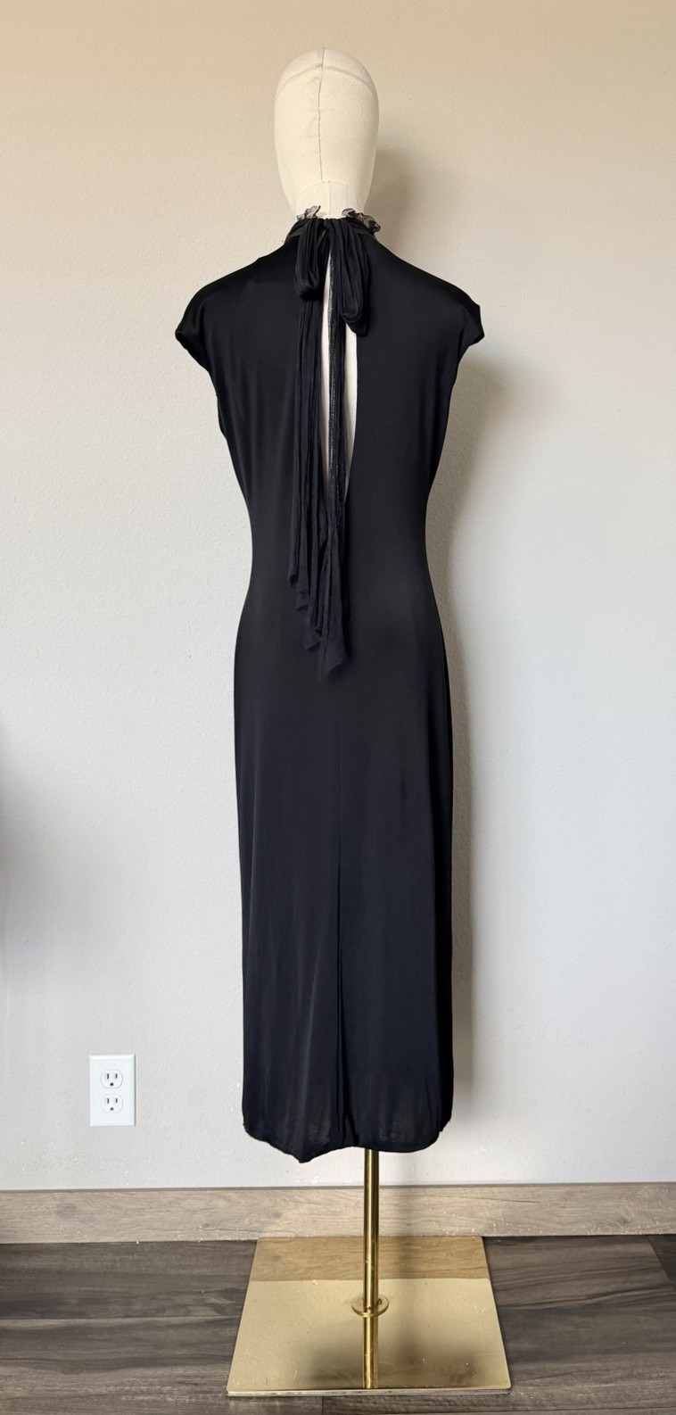 Y2K 90s Vintage Vera Wang Size 10 Black Rushed Mesh Midi Dress Silk Blend *READ