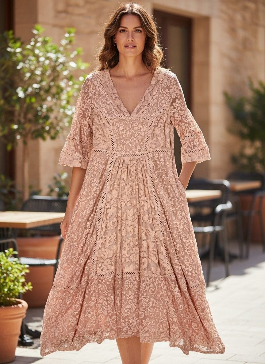 Brass & Roe Called To Surf XS Pink Lace Midi Dress 3/4 Sleeves Floral Embroidery