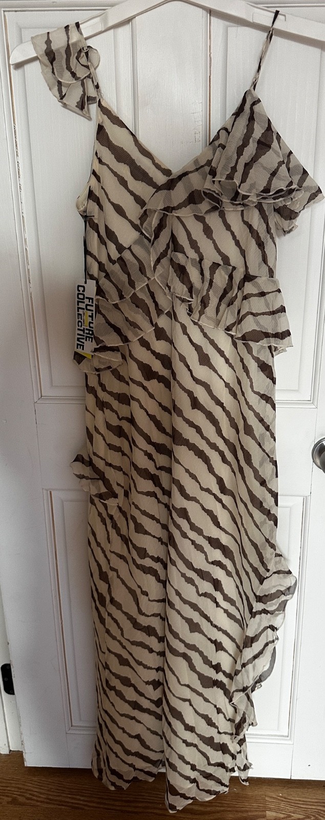 Future Collective Zebra Print One Shoulder Ruffle Maxi Dress 2XS, S, M, L, XL 1X