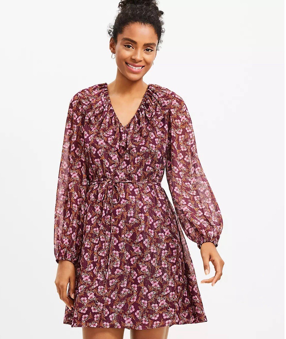 Loft Women’s Maroon Red Metallic Stripe Ruffle Tie Swing Dress Size XSP New $99