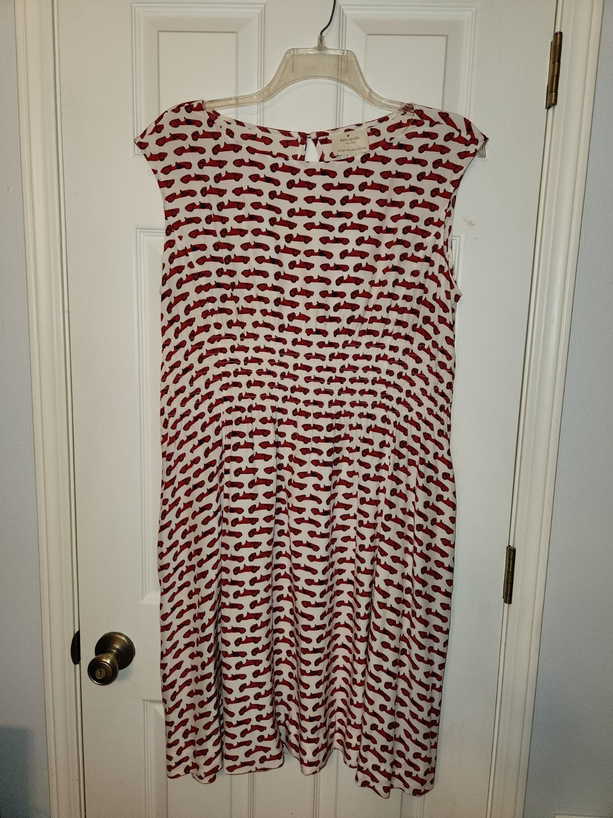 Sz 14 Kate Spade dress Red Cars Find the Silver Lining stretch waist silk blend