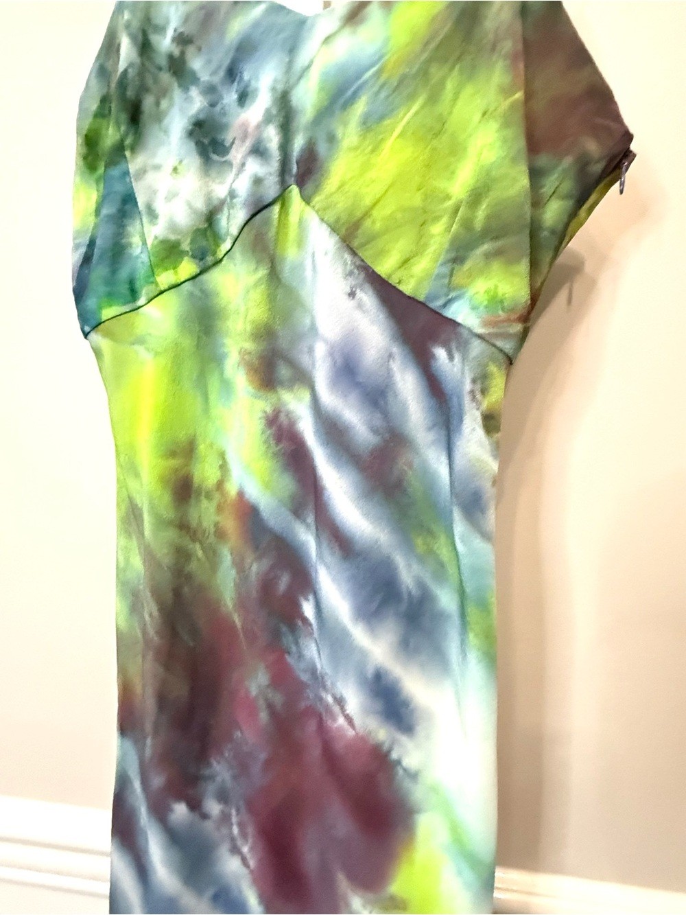 Upstate 100% Silk Midi Slip Dress Green Blue Abstract Tie Dye Size M