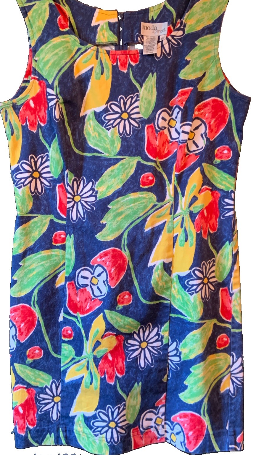 Spiegel Moda Size 10 Sleeveless Multicolor Tropical Sheeth Dress Cotton Spandex