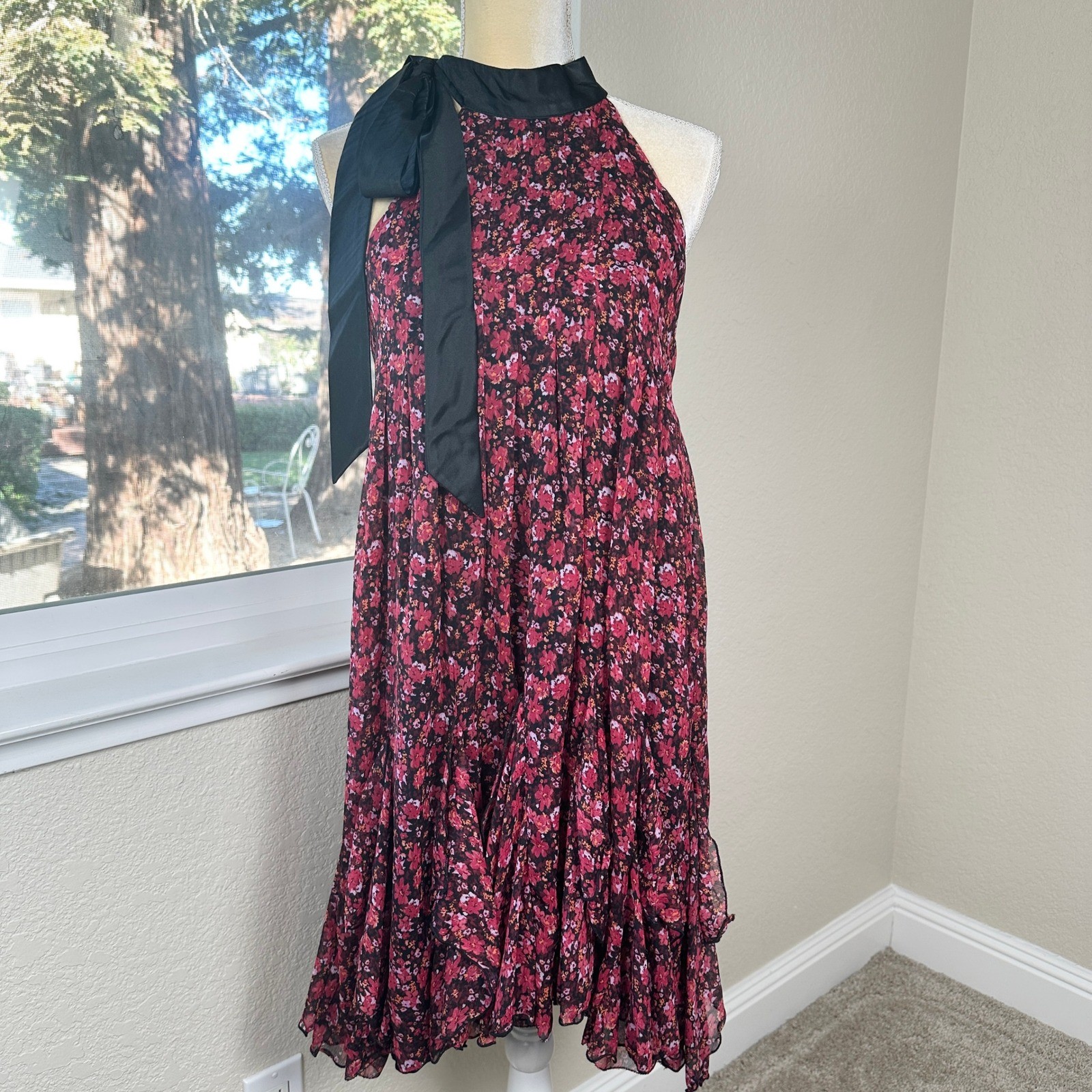 NWT Anthropologie Tie Neck Halter Mini Dress Women XS Pink Floral Pleated Ruffle