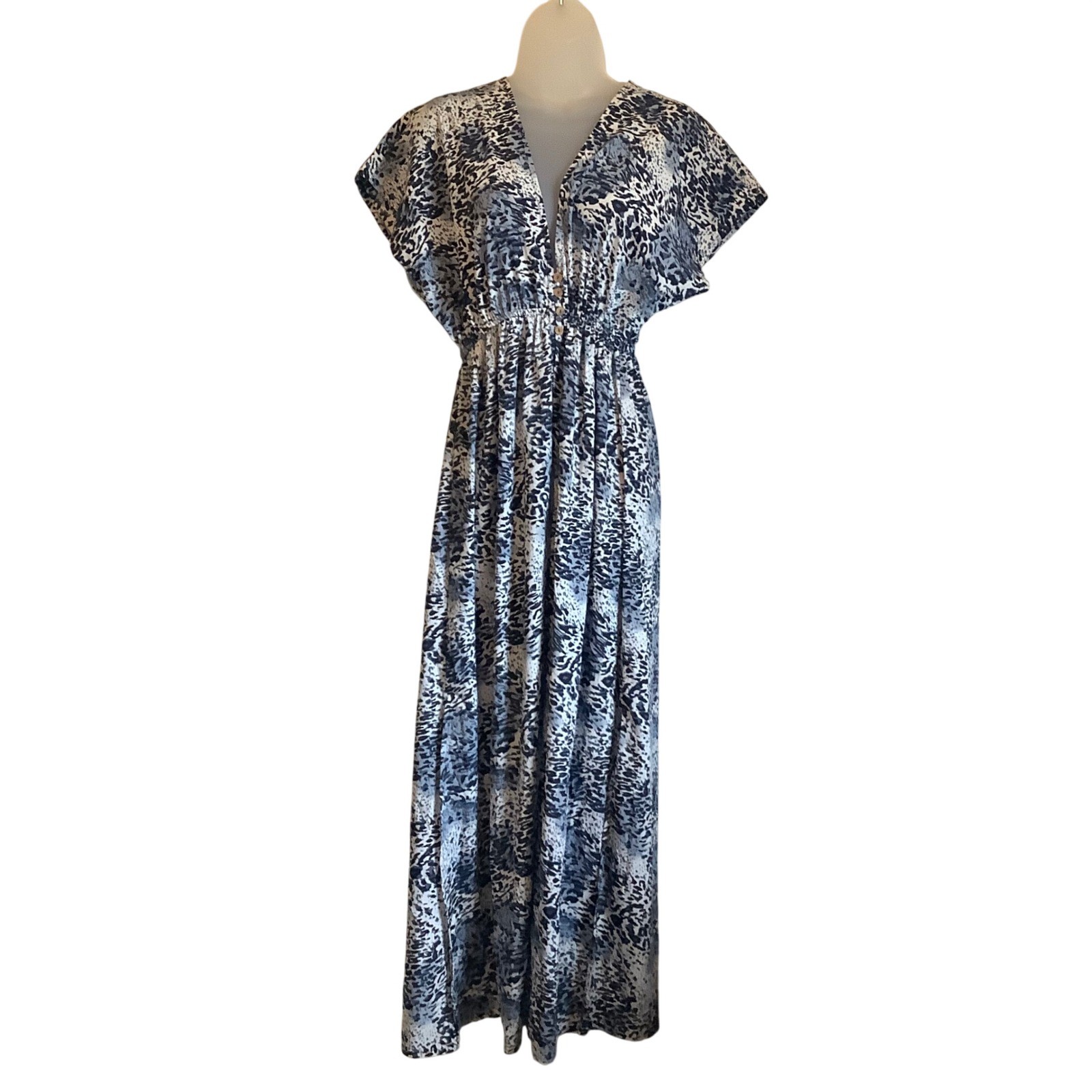 Kendall + Kylie Blue Animal Print Maxi Dress V-Neck Elastic Waist Small NEW