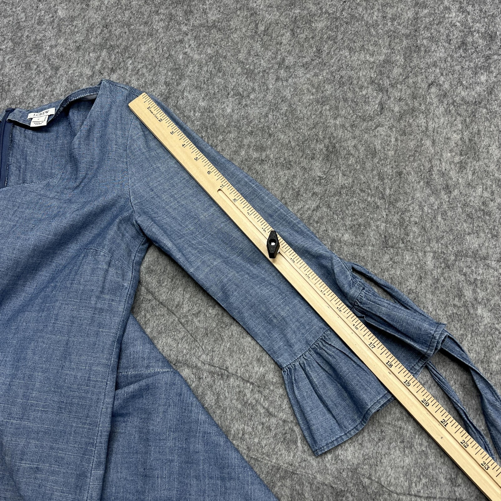 J Crew Dress Womens 2 Blue Chambray Tie-Cuff Bell Sleeve Shift V Neck H5485