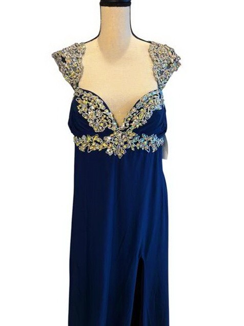 Temptation Navy Blue Silver Embroidered Rhinestone Dress Size 16 $249 Prom