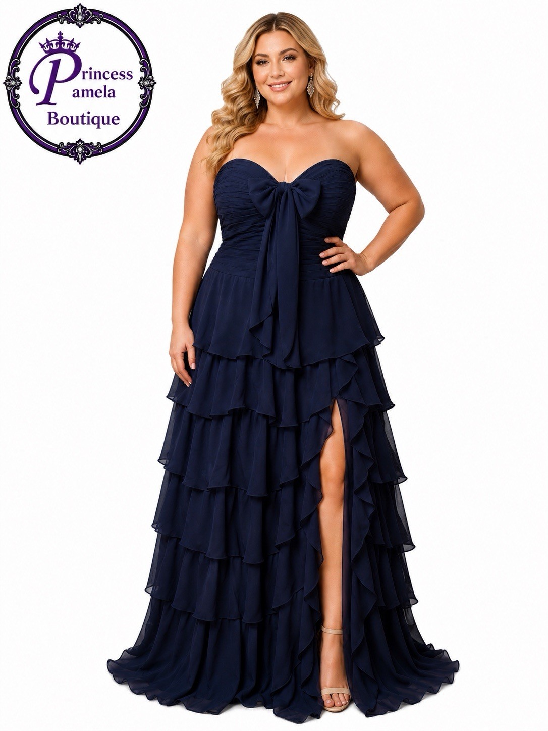 #22-13 Navy Chiffon Sweetheart Strapless Dress Lace-Up Corset Slit Ruffle 26