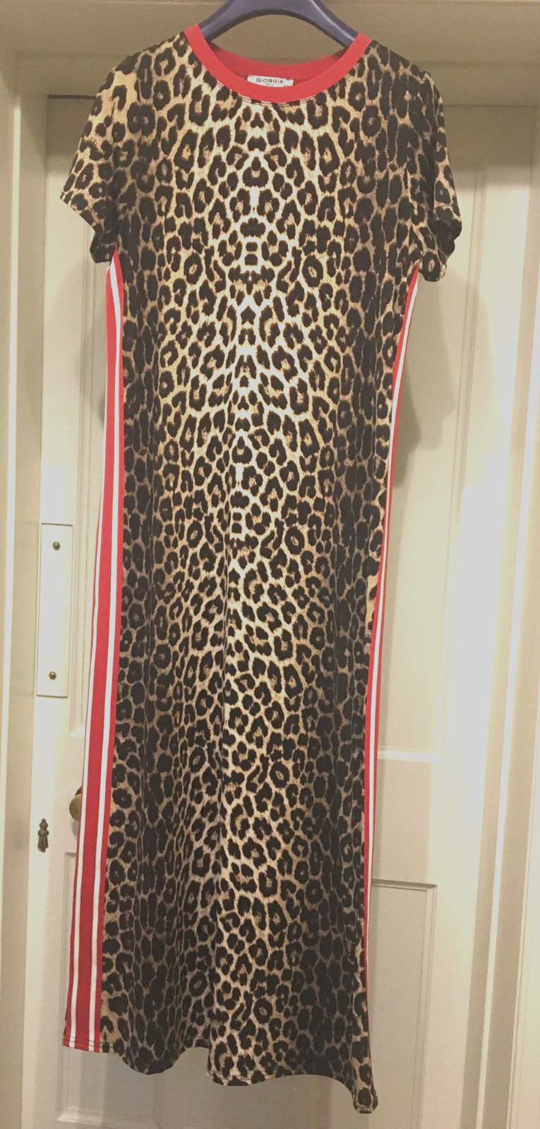 GIORGIA PARIS:FAB ANIMAL PRINT ANKLE LENGTH TUBE DRESS BOLD RED STRIPE SIDES s/m