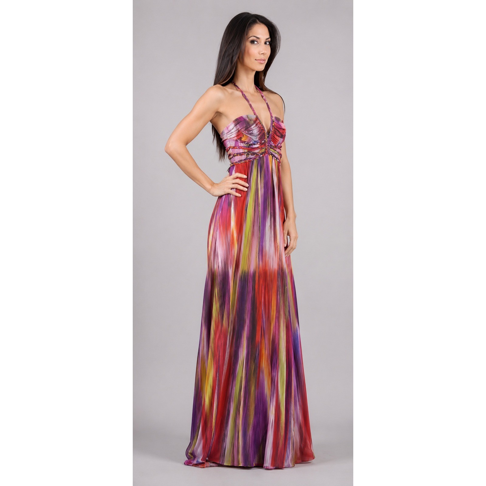 Cynthia Rowley Y2K Colorful Halter Maxi Dress M Braided Detail Resort Artsy