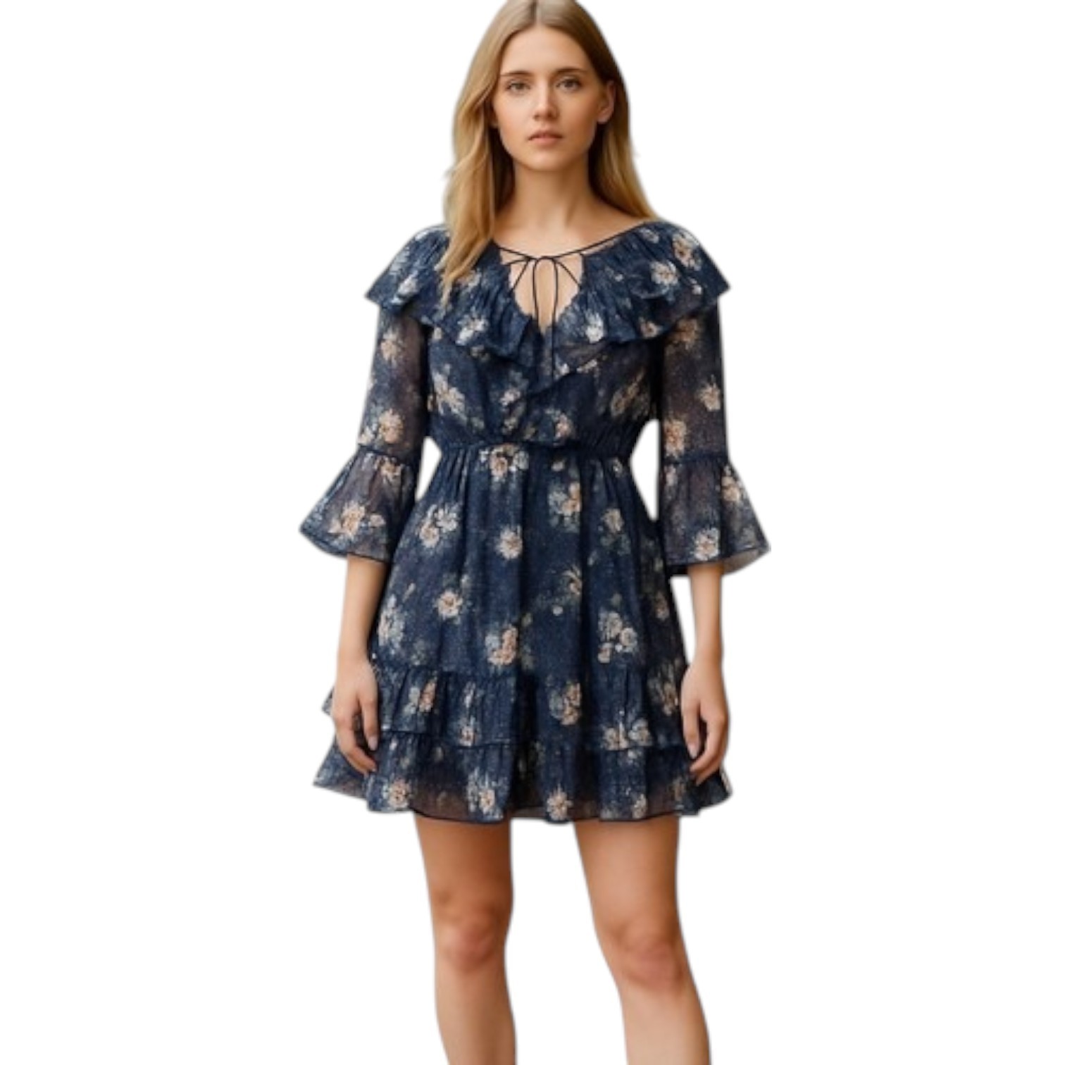 NEW POL Small Floral Sheer Navy Mini Dress Ruffles Lined 3/4 Sleeves Tassel Boho