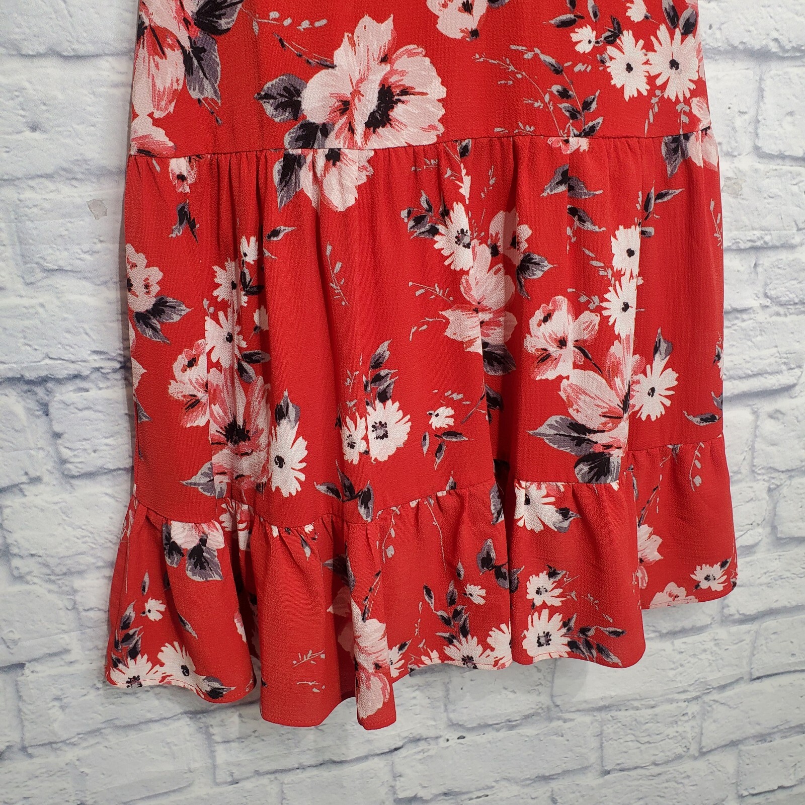 Elle Dress Womens Small Red Floral High Neck Ruffle Sleeveless Back Tie Summer
