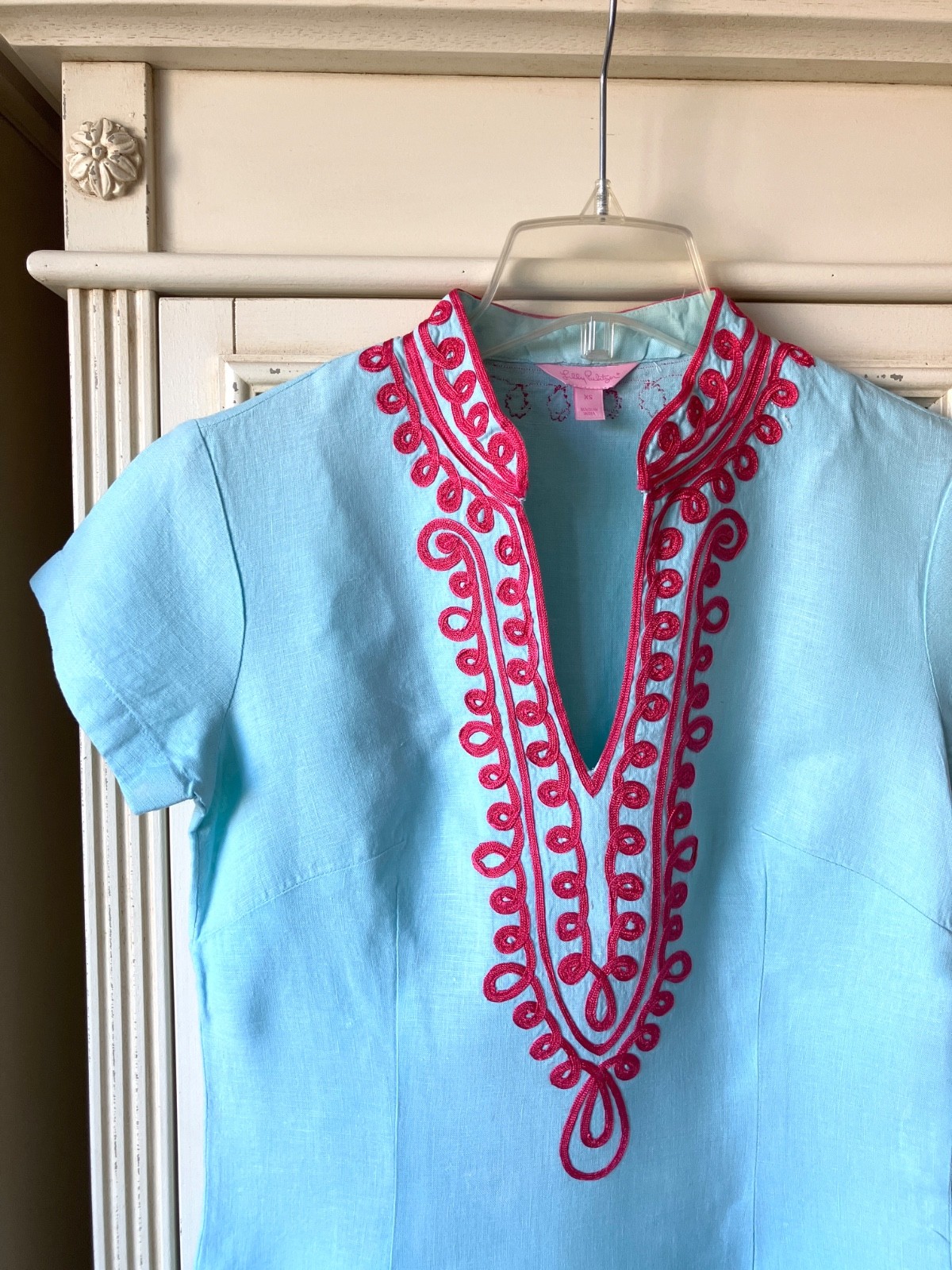 Lily Pulitzer Sky Blue Linen Shift Dress Hot Pink Braided Neck XS–Excel Cond