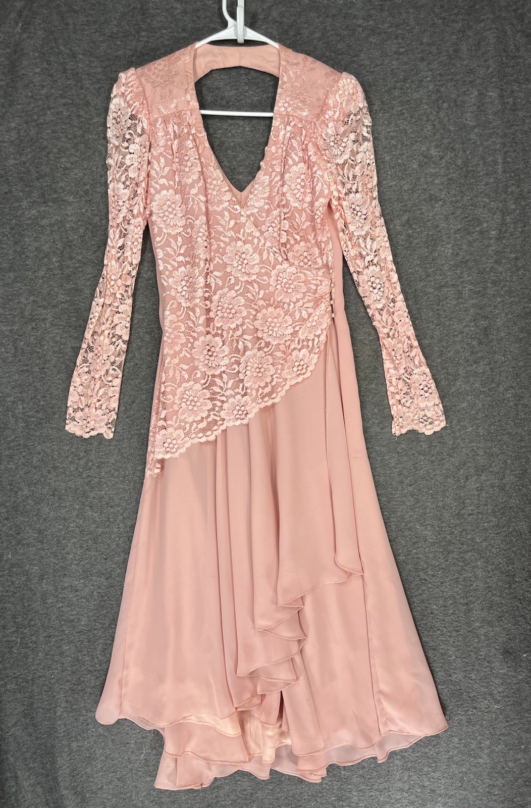 Vintage JC Penny Dress Size 9/10 Mauve Pink Chiffon Lace Victorian 80s Romantic