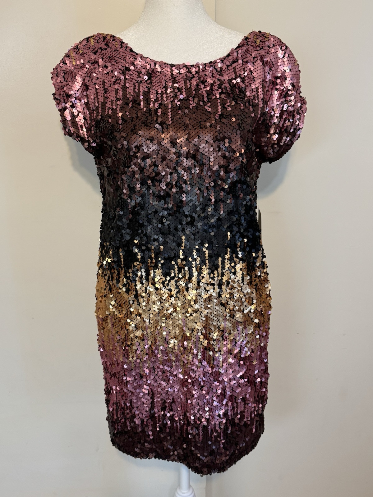 Tobi Shine Me Up Sequin Relaxed Mini Dress Size Small Pink Black Gold NWT