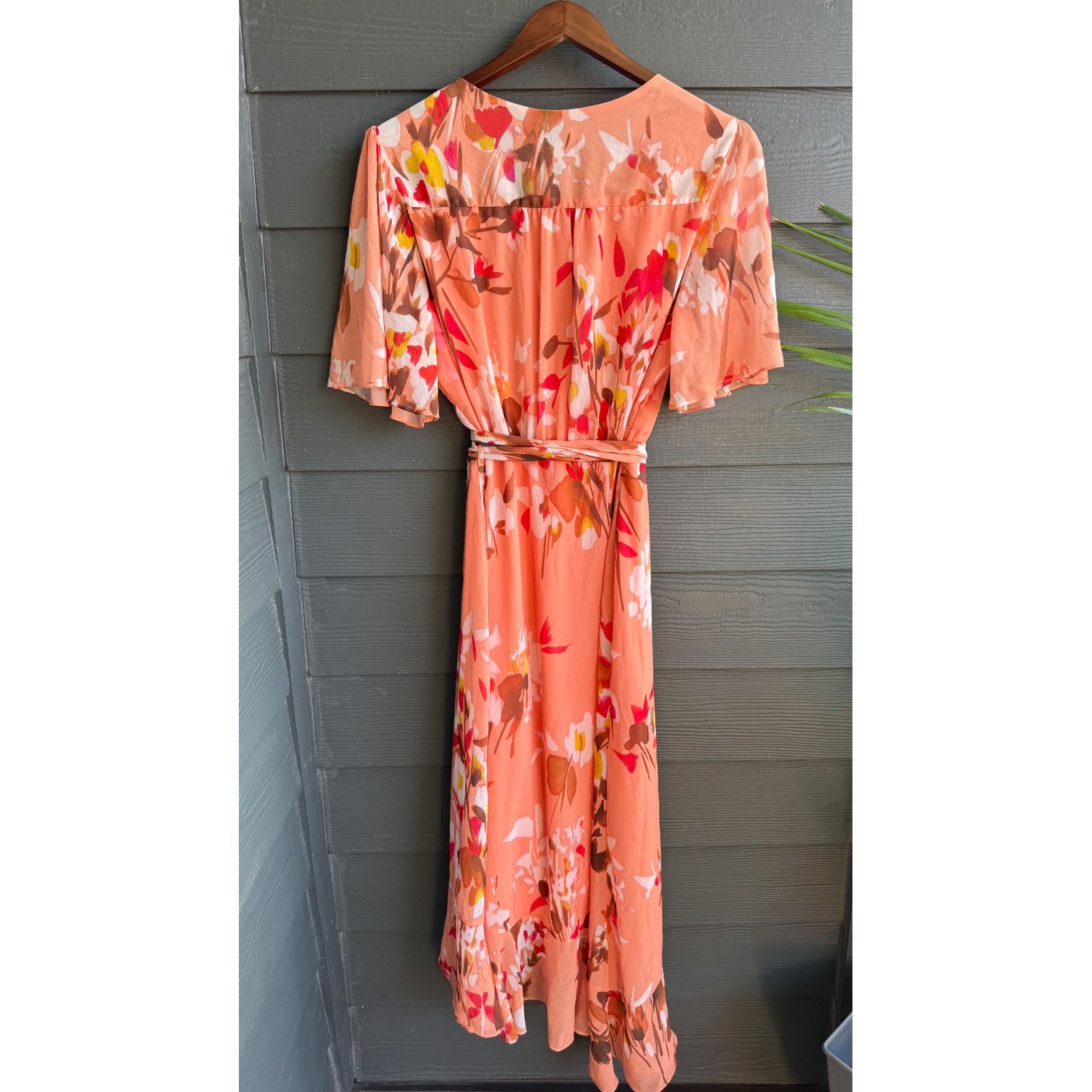 Premier Amour Floral Wrap Midi Dress Flutter Sleeve Tie Waist Peach Size 12