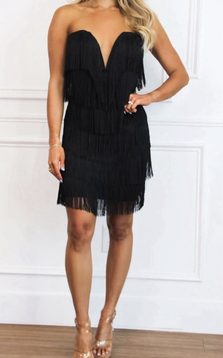 NWT Black Strapless Fringe Sexy Cocktail Midi Body-con Dress Size L Stretch