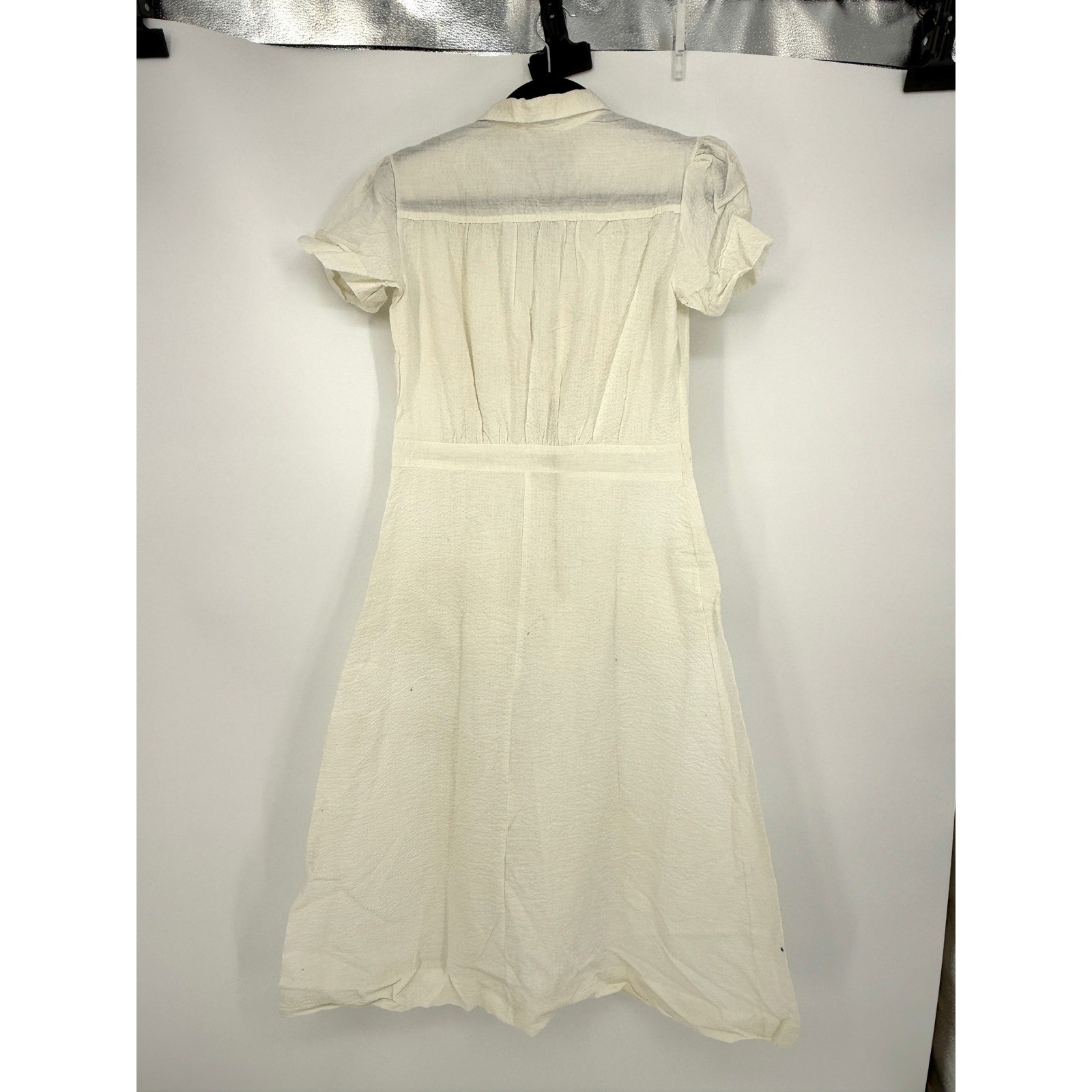 vtg 1940s 50s Linda Lane White Seersucker Uniform Dress Zip Front Pockets Sz 16