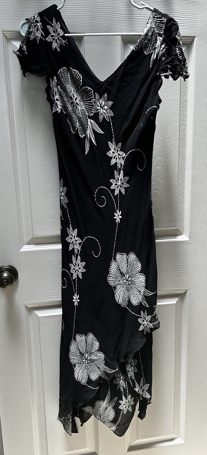 Women’s Eva Blue Black And Cream Floral Short Sleeve Dress Midi Size 10