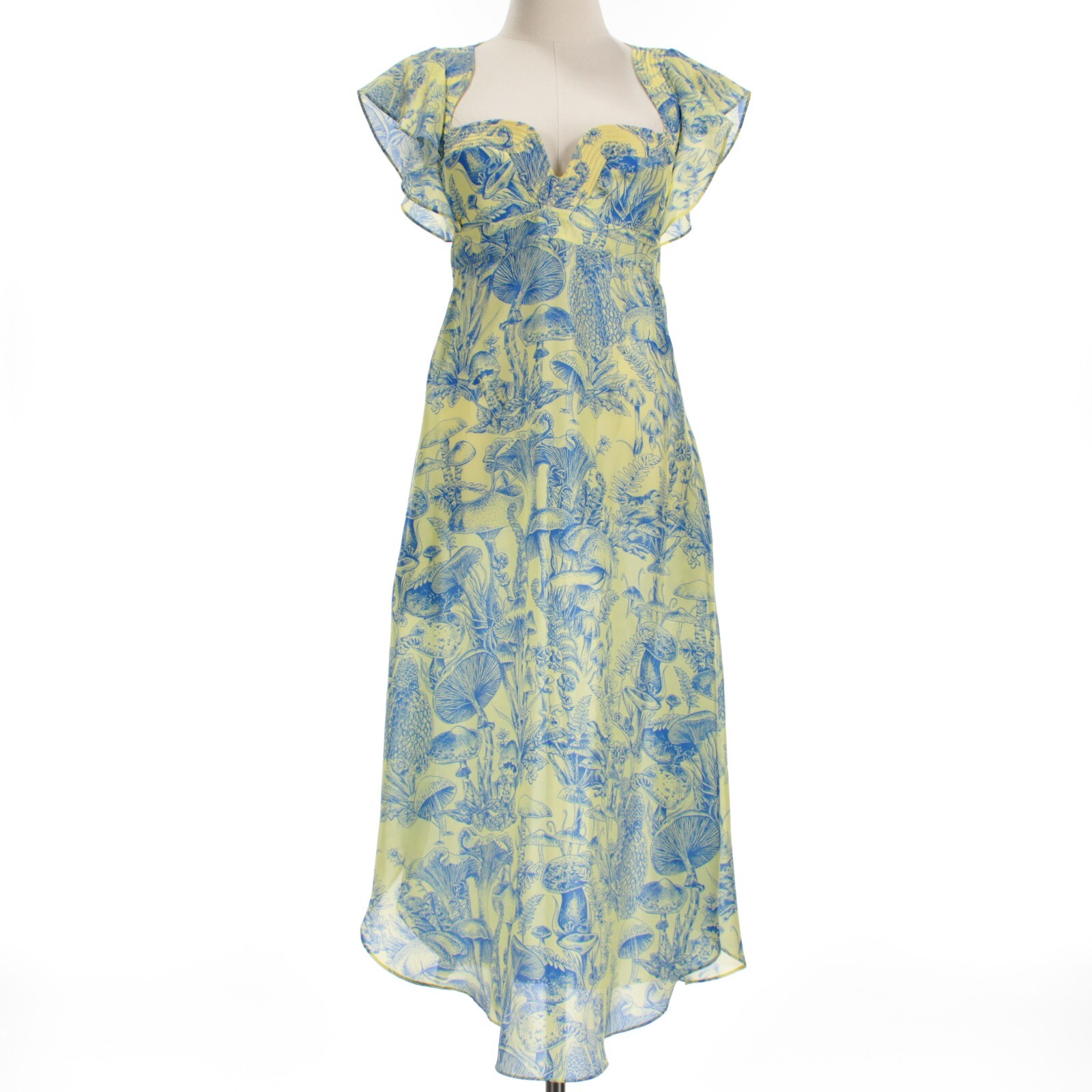 Stella McCartney NWT Washed Silk Habotai Dress Size 42 in Yellow/Blue Mushrooms