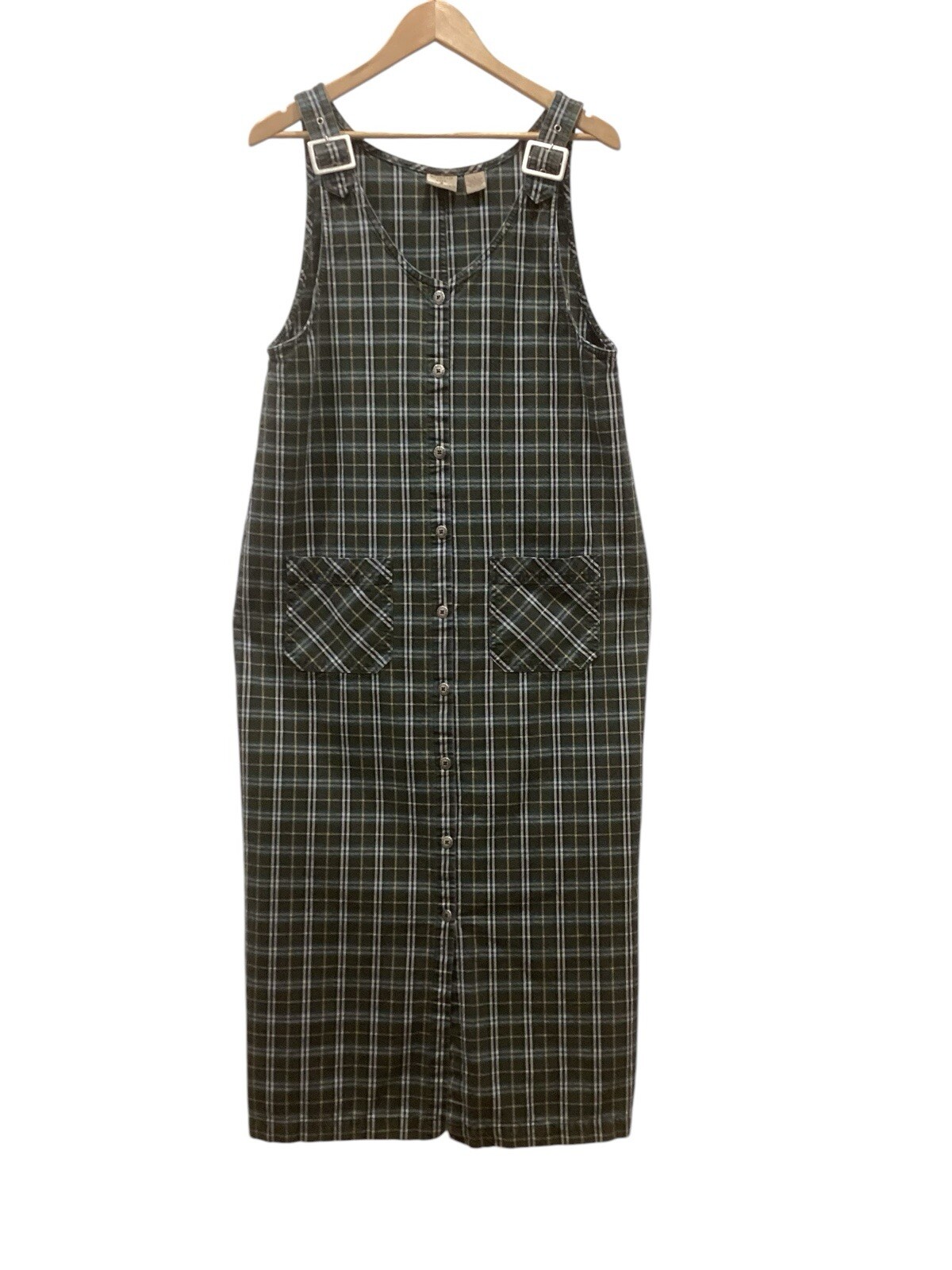 Mountain Lake Overall Dress Sz L Buckle Straps Button Front Plaid Cotton