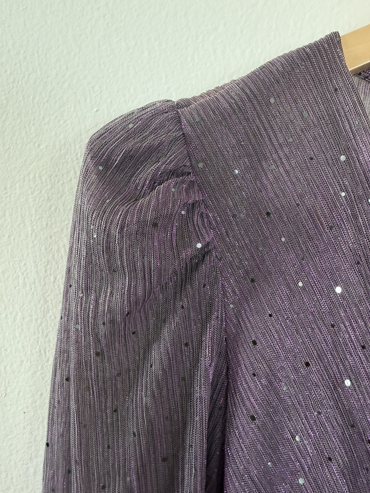 Sabrina Musayev Purple Glitter Pleated Sheer V-Neck Puff Sleeve Mini Dress M