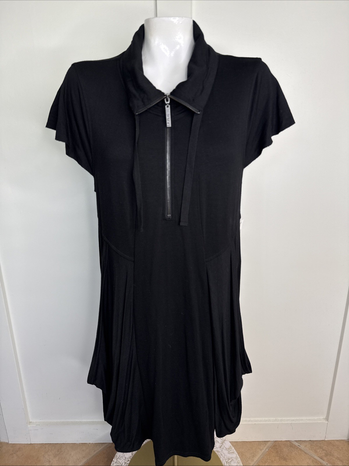 Kensie Womens Black XL Short Sleeve 1/2 Zip Dress Draped Pockets Viscose Stretch