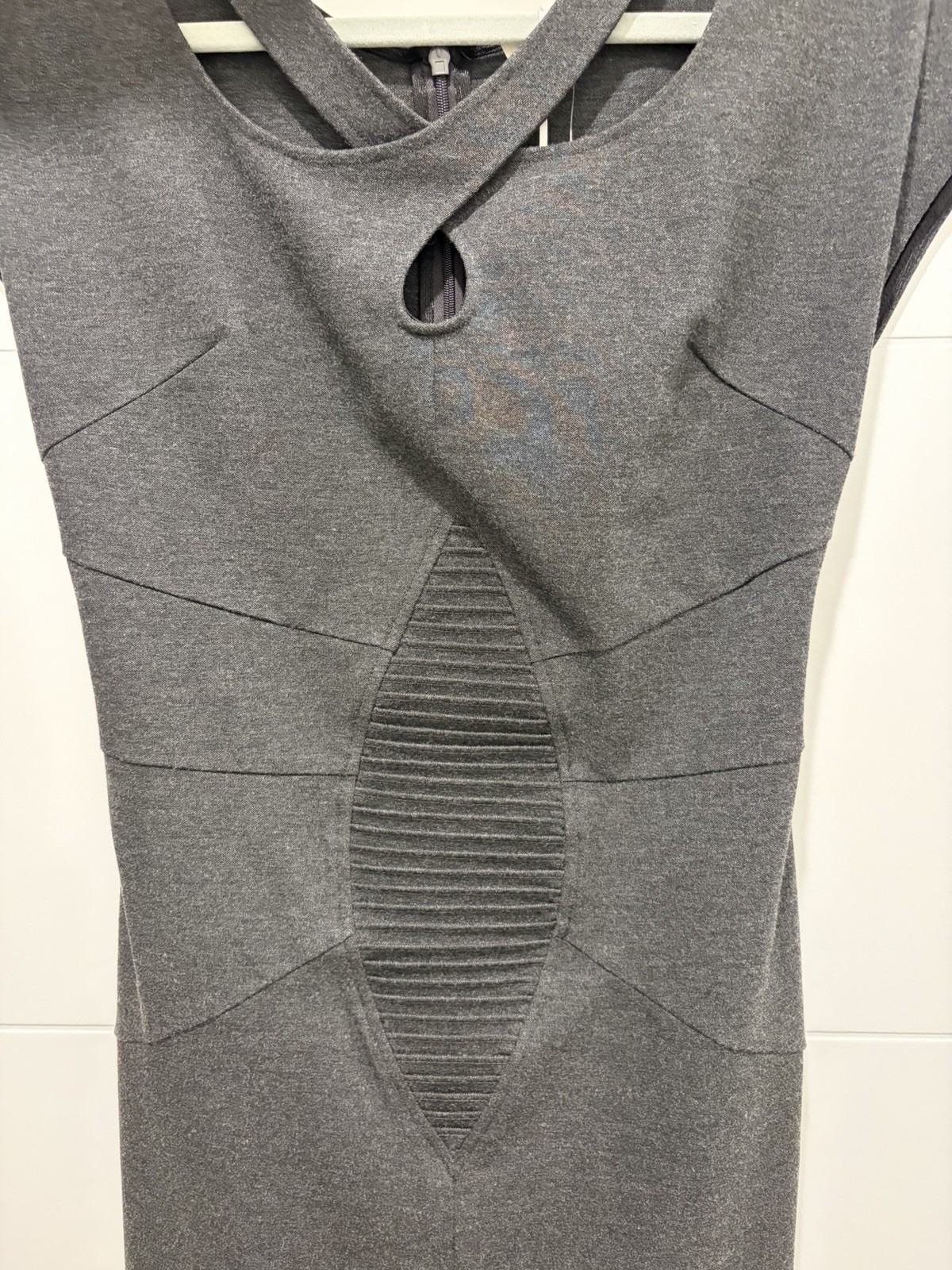 DILANNI Gray Knit Sheath Dress Cut Out Pleated Zip Knee Length Size S